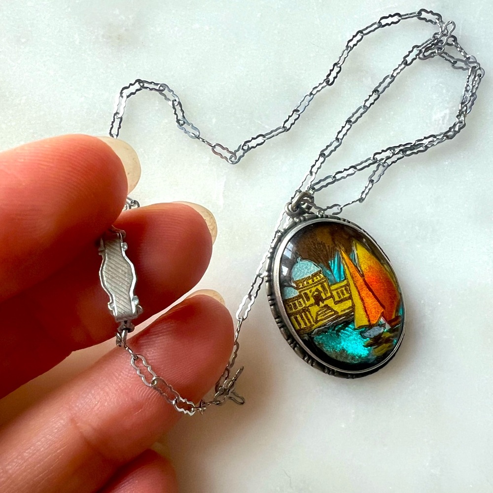 Art Deco 1920s Sterling Silver Butterfly Wing Pendant & Chain, Hand-Painted